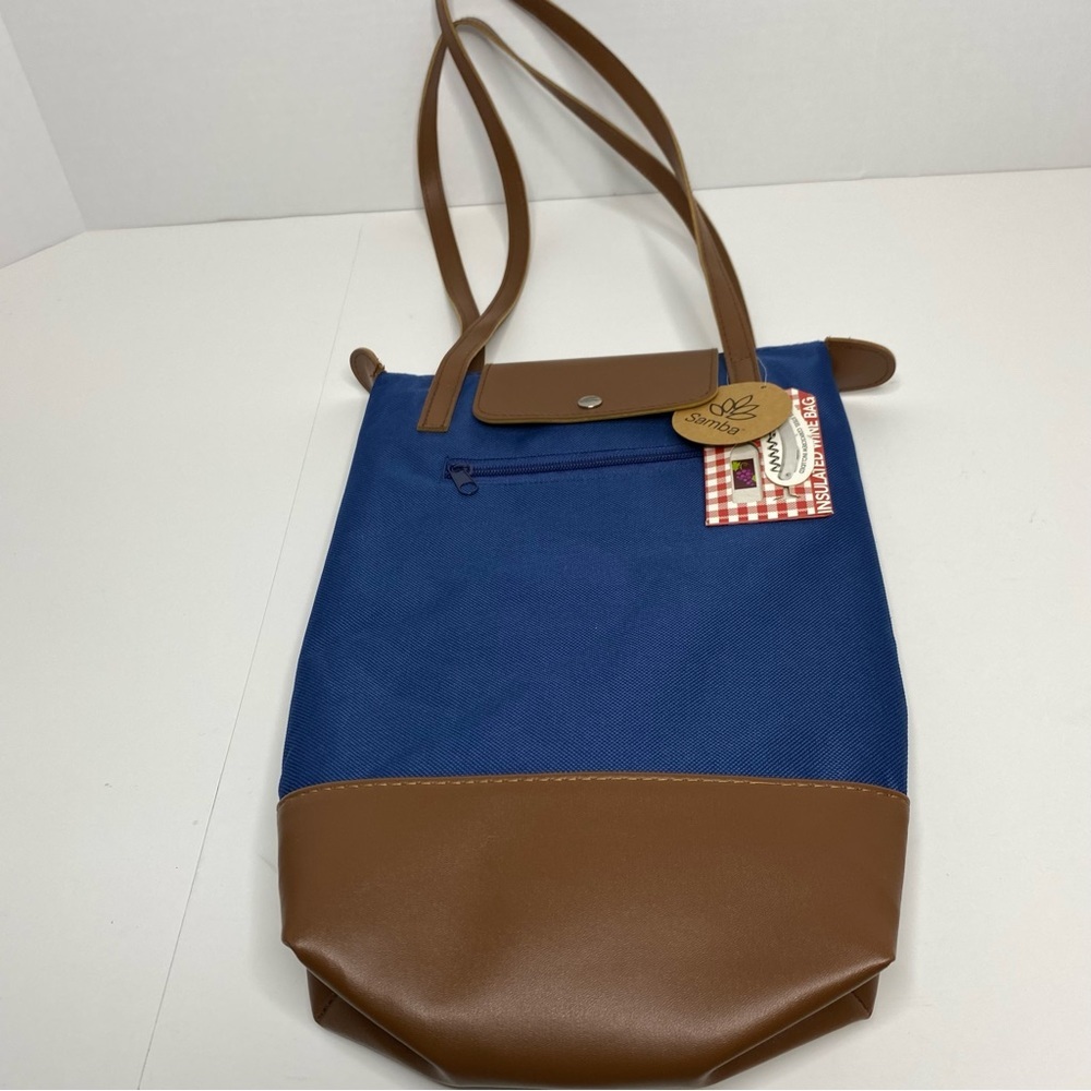 Samba Insulated Wine Bag Blue Brown holds 25oz Wine Bottle with Corkscrew. - Picture 3 of 6